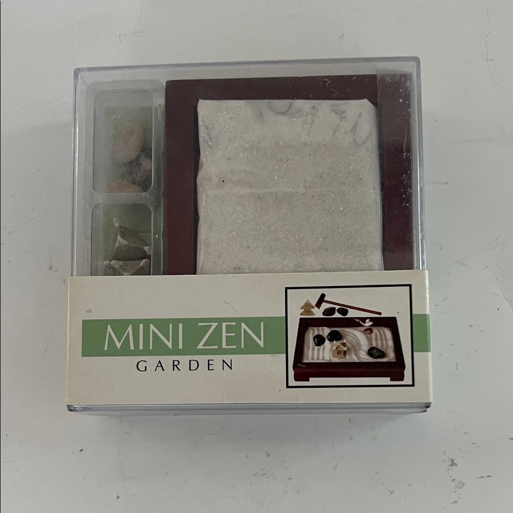 Mini Zen Garden with White Sand and Brown Frame